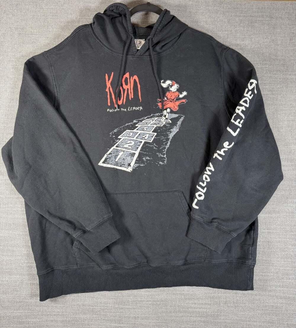 Korn Follow the Leader Hoodie XXL (46-48) Black Pullover Sweatshirt with Hopscot